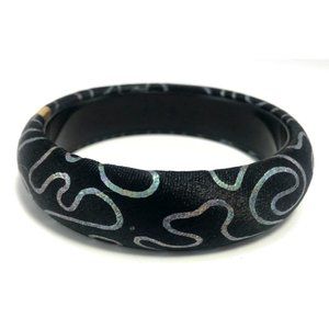 Black Satin Covered Bangle Bracelet with Iridescent Squiggles and Gold Tone Band